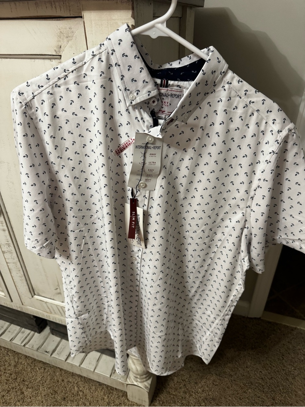 Short-Sleeve White Polo with Navy Anchor Print